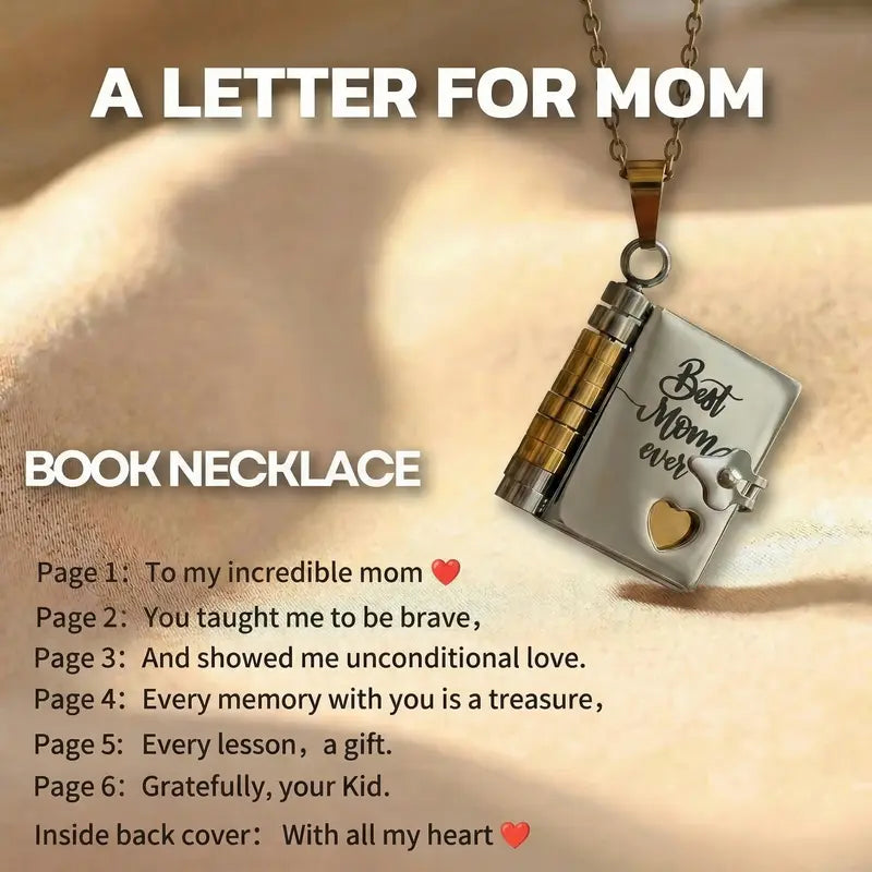 ✨Openable Book Necklace for Mom – 6 Page Engraved Message Pendant