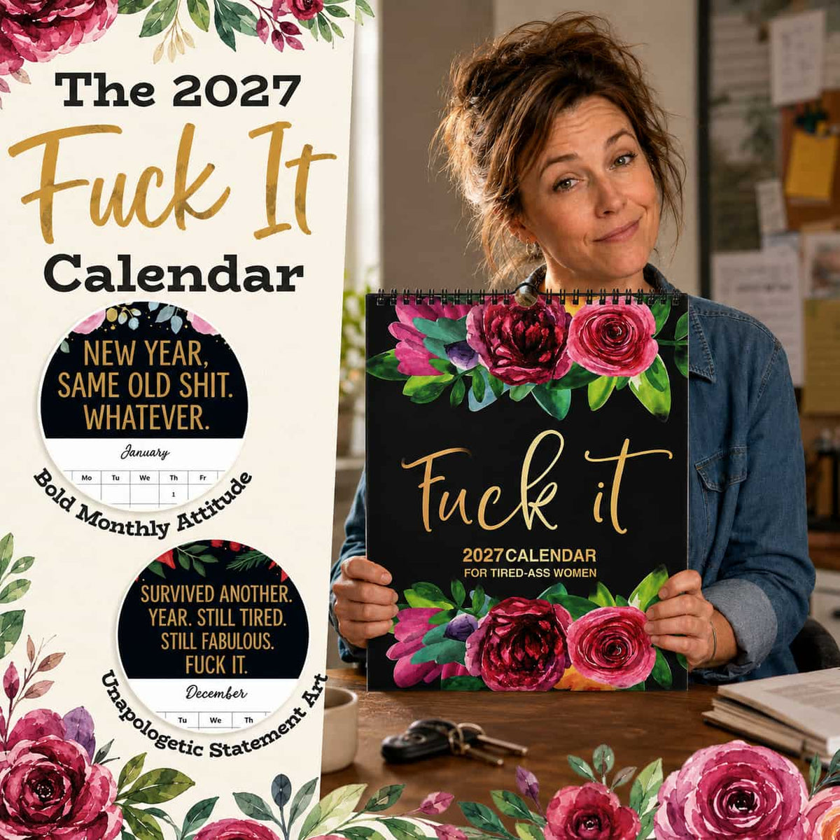 📅 2027 Funny Swear Word "Fuck It" Floral Calendar - Perfect for Home Decor & Gift Ideas