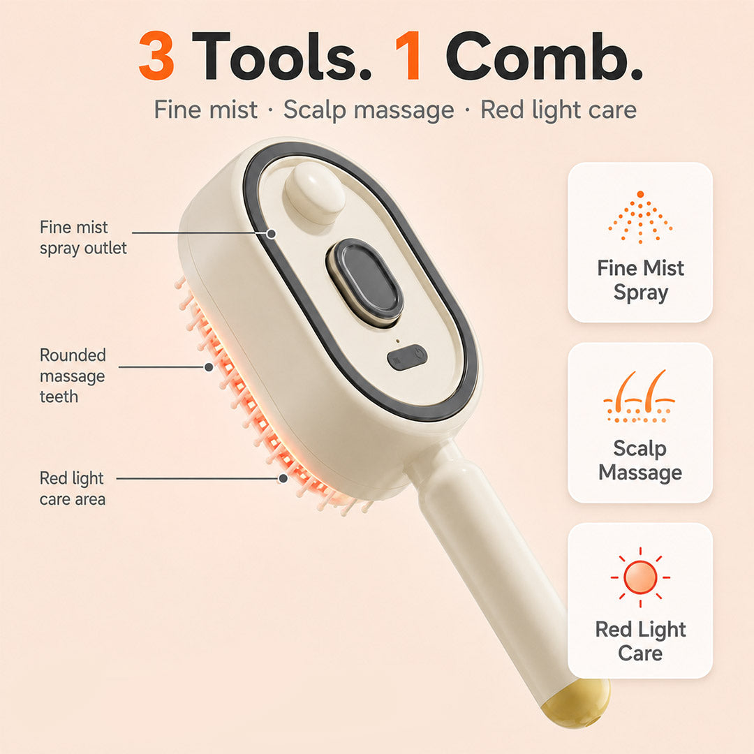 3-in-1 Electric Mist Detangling Brush for Frizz & Scalp Massage
