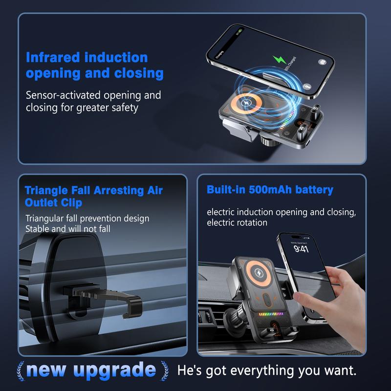 2-in-1 Wireless Car Phone Mount – Auto Clamp, Fast Charging, 360° Rotation